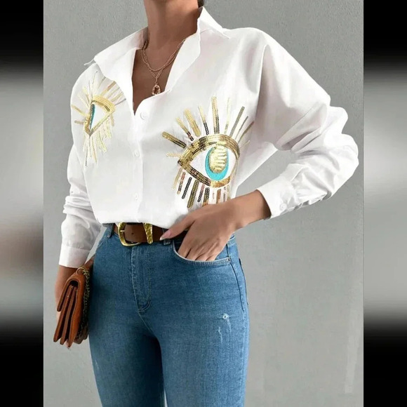 Oversized Delicate Embroidered Sequined Blue Eye Pattern Casual Long Sleeve Shir - Picture 4 of 5